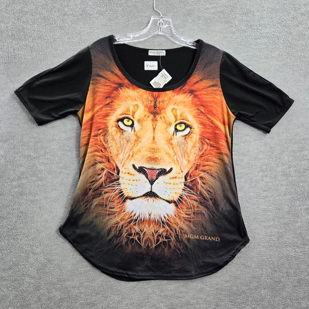 MGM Grand Las Vegas Women Top Large Black Real Lion Cold Shoulder‎ Tee Stud NWT